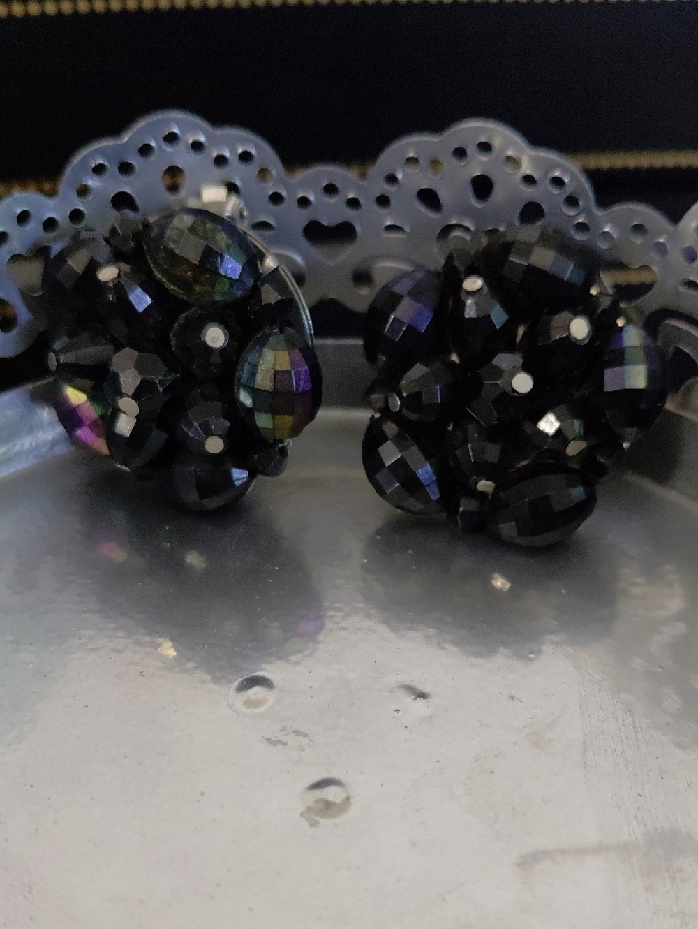 Vintage West German Iridescent Black Faceted Cluster Clip Earrings